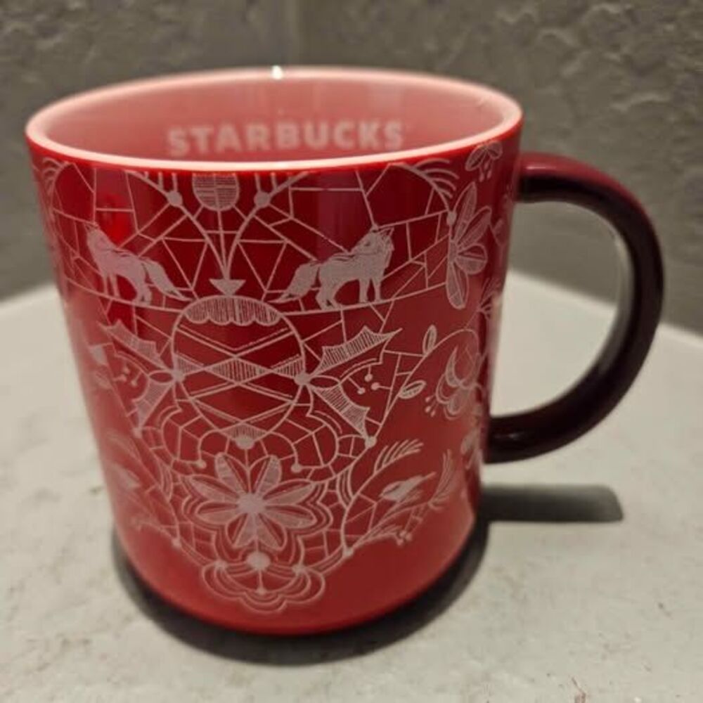 Starbucks 2022 Holiday Woodland Lace Red Ceramic Coffee Mug